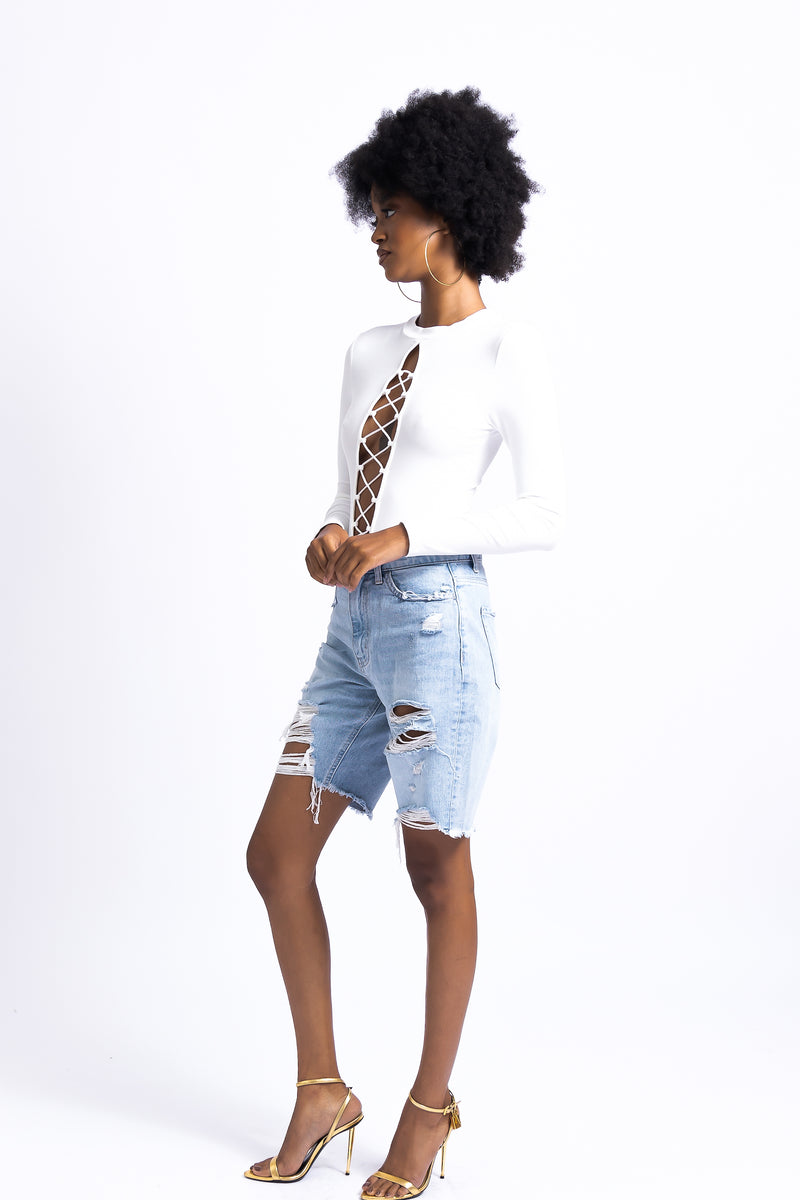 Front Lace-Up Long Sleeve Bodysuit