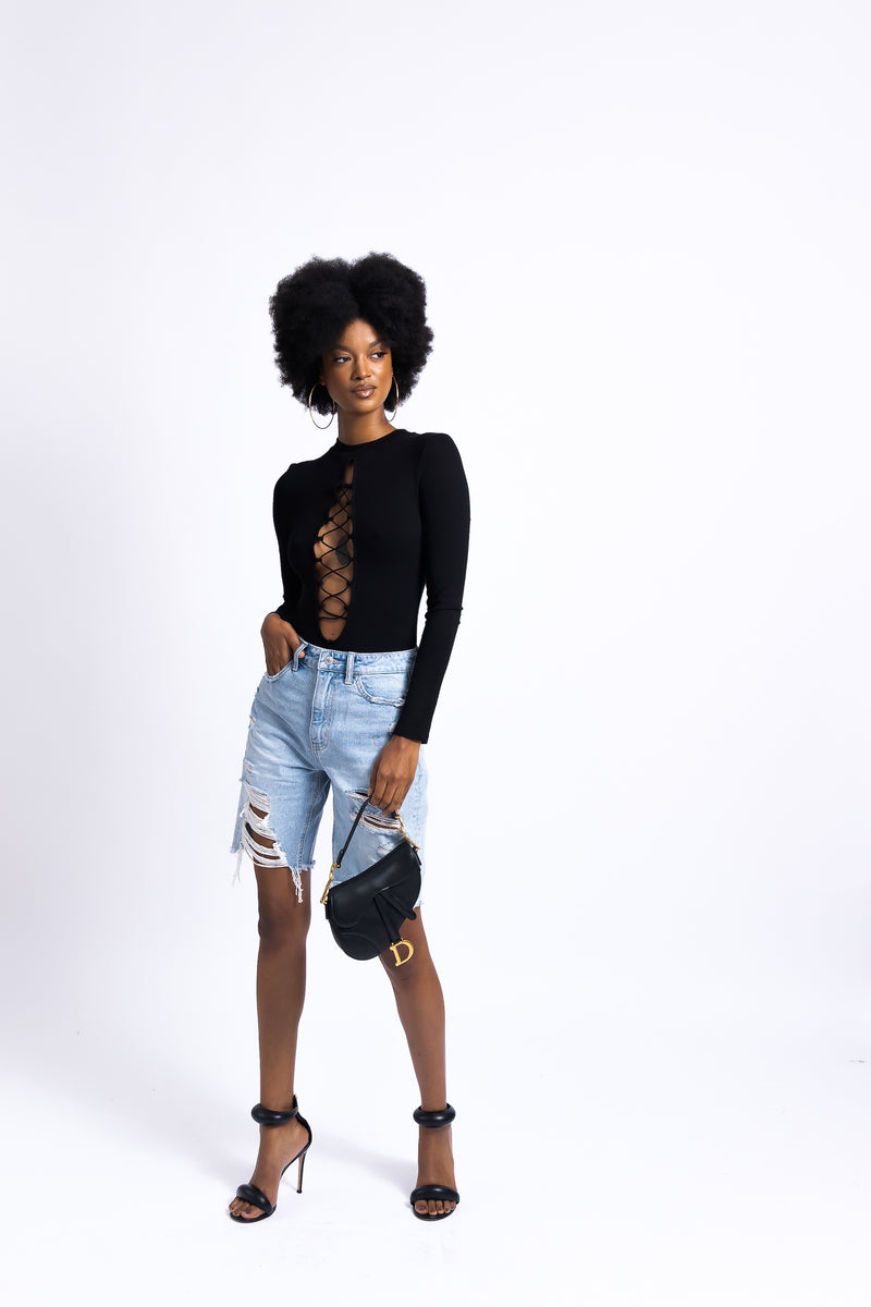 Front Lace-Up Long Sleeve Bodysuit