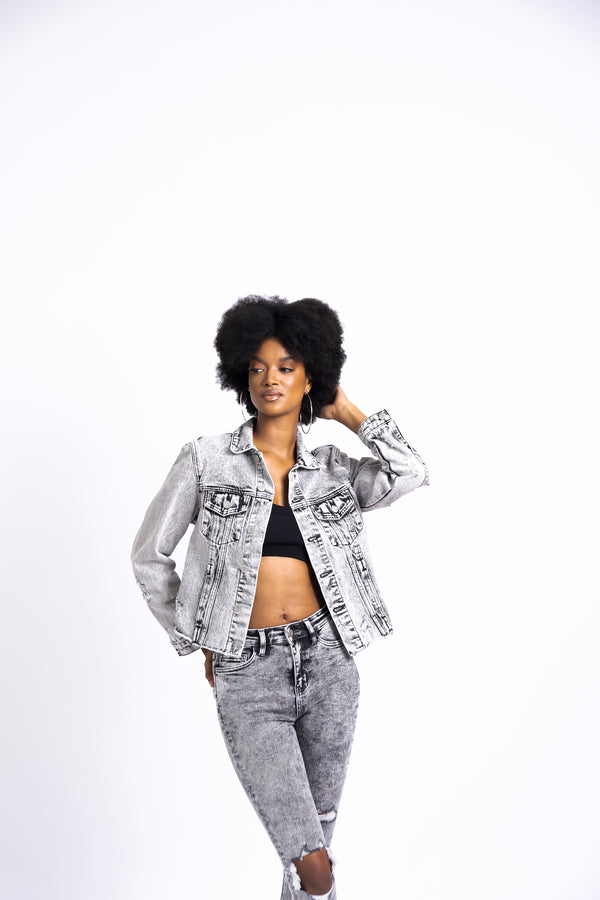 Acid Wash Crop Denim Jacket